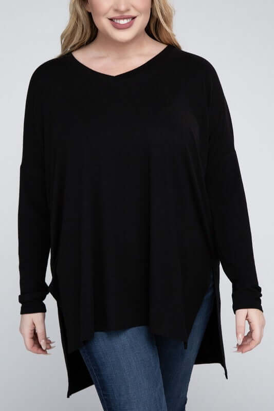 Plus Size Dolman Sleeve V-Neck Side Slit Hi-Low Hem Top, ZENANA, $ 25.00