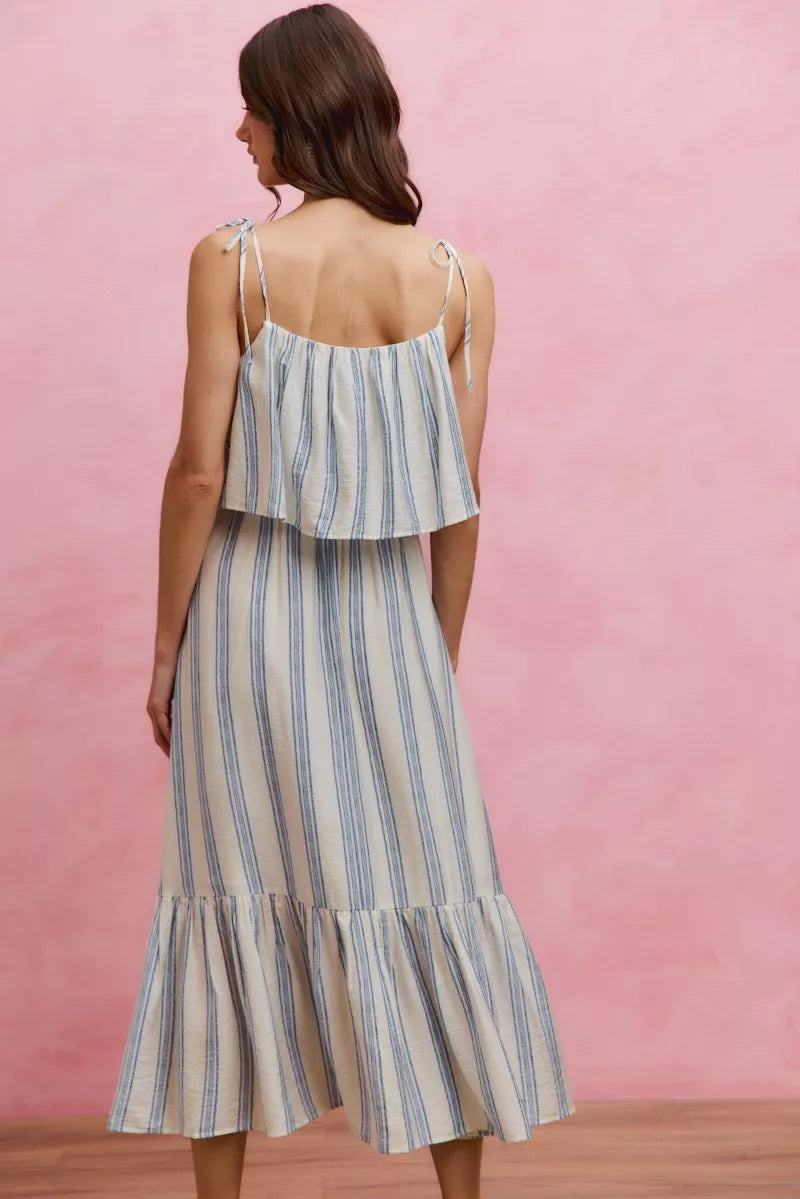 Stripe Tiered Shoulder Tie Midi Lined Dress | Boutique In USA, Dresses, $ 59.00, A Moment Of Now™
