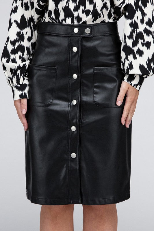 Shop Black High Waist Button Front Midi PU Skirt Women's Boutique Clothing, Skirts, USA Boutique
