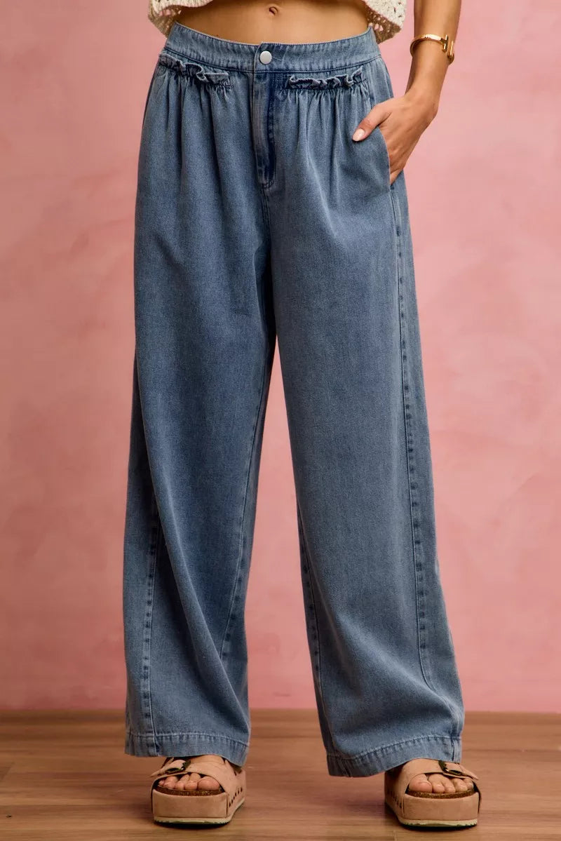 Mid Rise Ruffled Front Elastic Wide Leg Jeans | Boutique In USA, Jeans, $ 59.00, A Moment Of Now™
