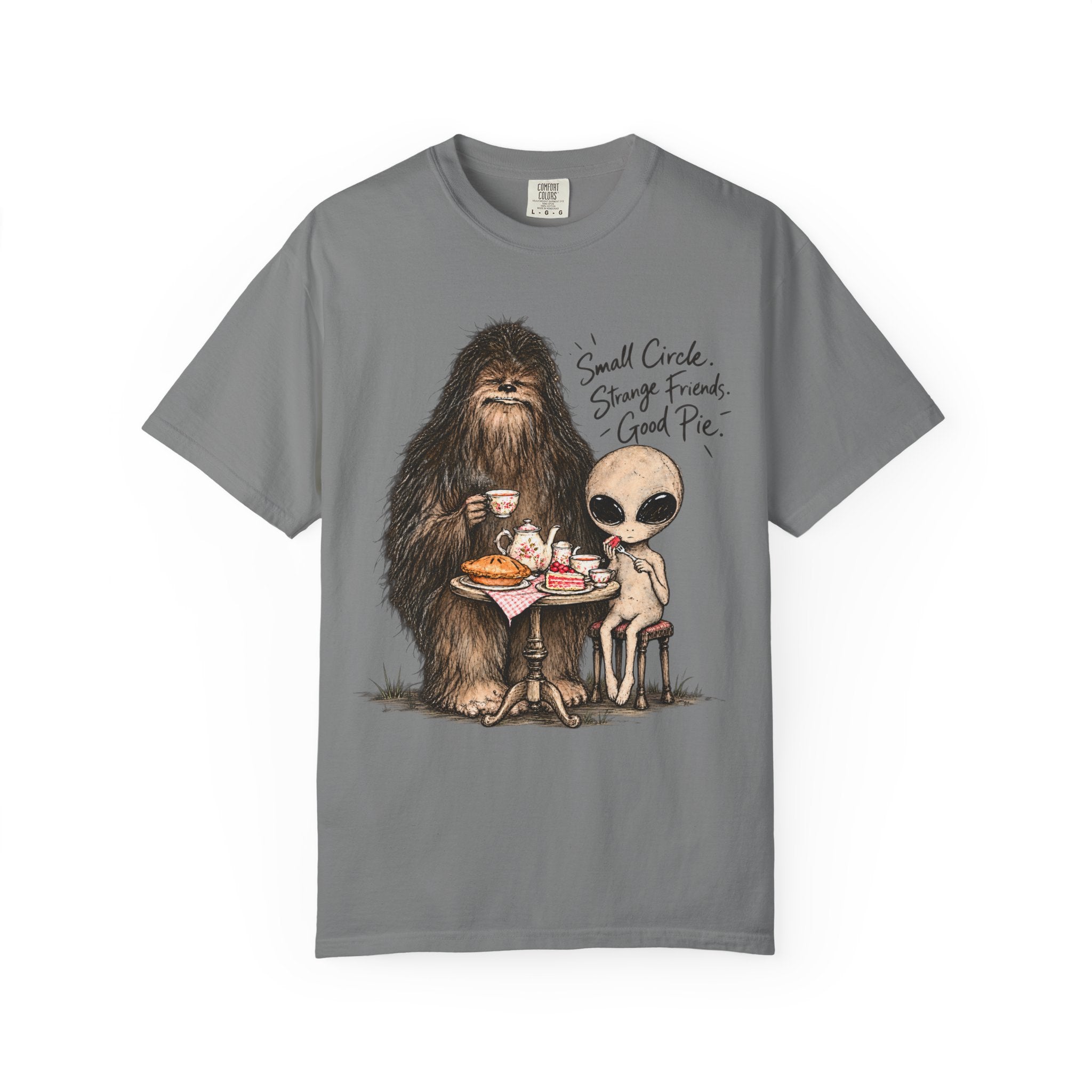 Bigfoot & Alien Tea Party T-Shirt | Small Circle, Strange Friends, Good Pie