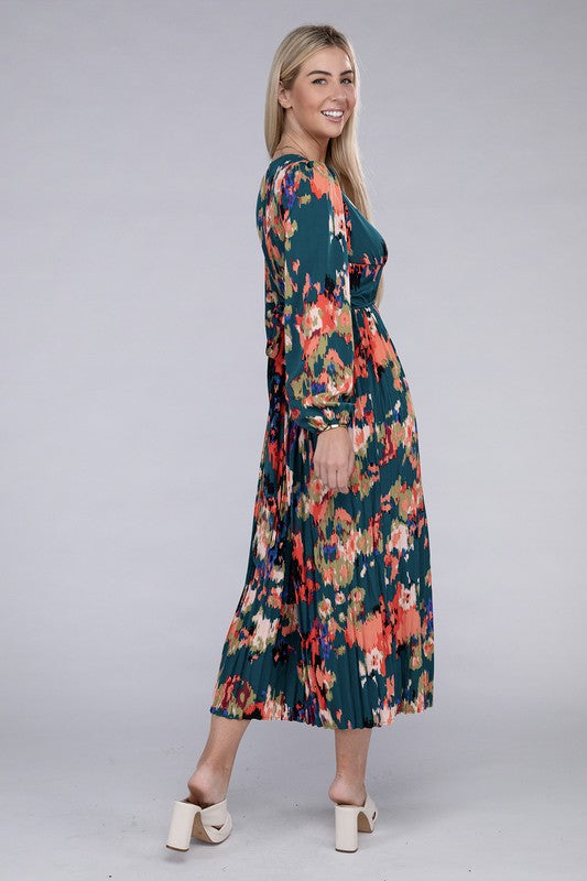 Green Floral Satin Pleated Maxi Dress, Nuvi Apparel, A Moment Of Now