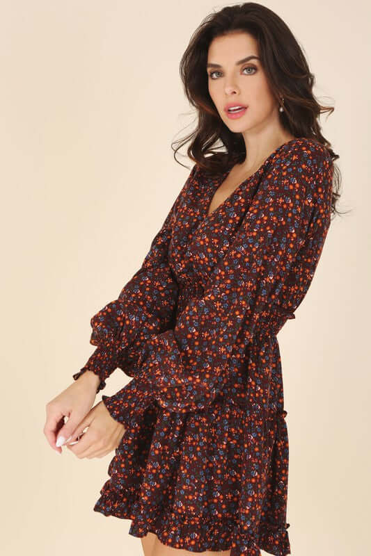 Burgundy Ditsy Floral Long Sleeve Ruffle Tired Mini Dress, Lilou, $ 38.95