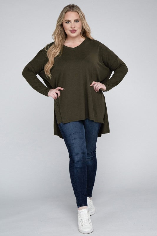 Shop Plus Size Dolman Sleeve V-Neck Side Slit Hi-Low Hem Top For Women, Tops, USA Boutique