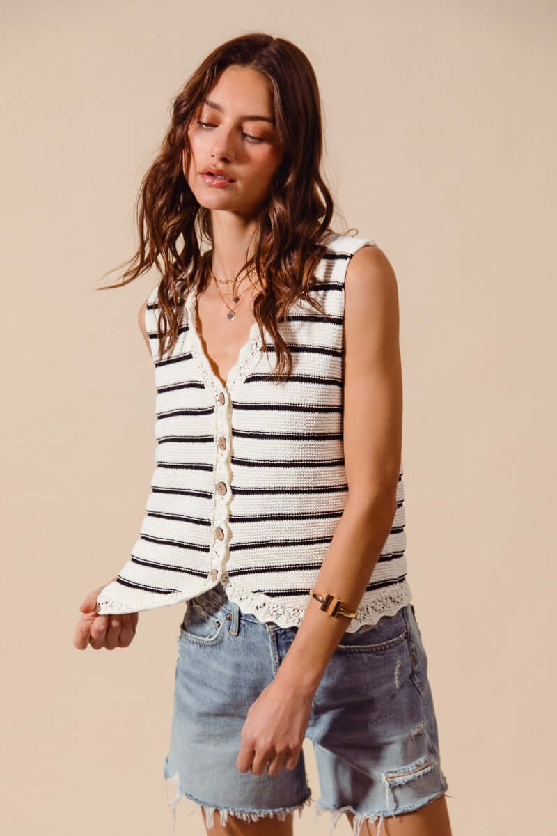SO ME Buttoned Front Stripe Texture Knitted Sweater Vest, , $ 52.00, A Moment Of Now™