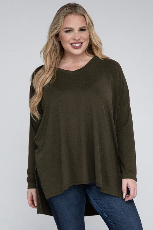 Shop Plus Size Dolman Sleeve V-Neck Side Slit Hi-Low Hem Top For Women, Tops, USA Boutique