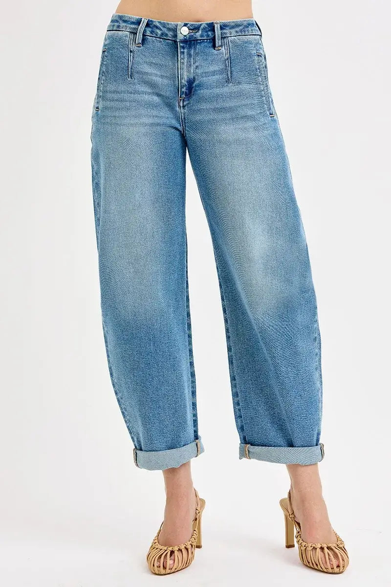 Medium Blue Mid Rise Fit Barrel Roll Up Jeans Plus Size - RISEN, Jeans, $ 75.00, A Moment Of Now™