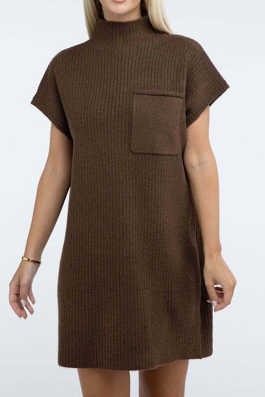 Women's Mock Neck Short Sleeve Mini Sweater Dress with Pocket, ZENANA, $ 55.00