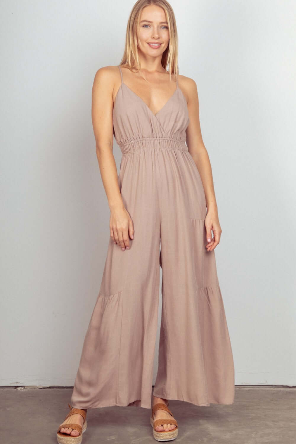 Beige Sleeveless Ruched Wide Leg Jumpsuit, Jumpsuits, $ 55.00, A Moment Of Now™