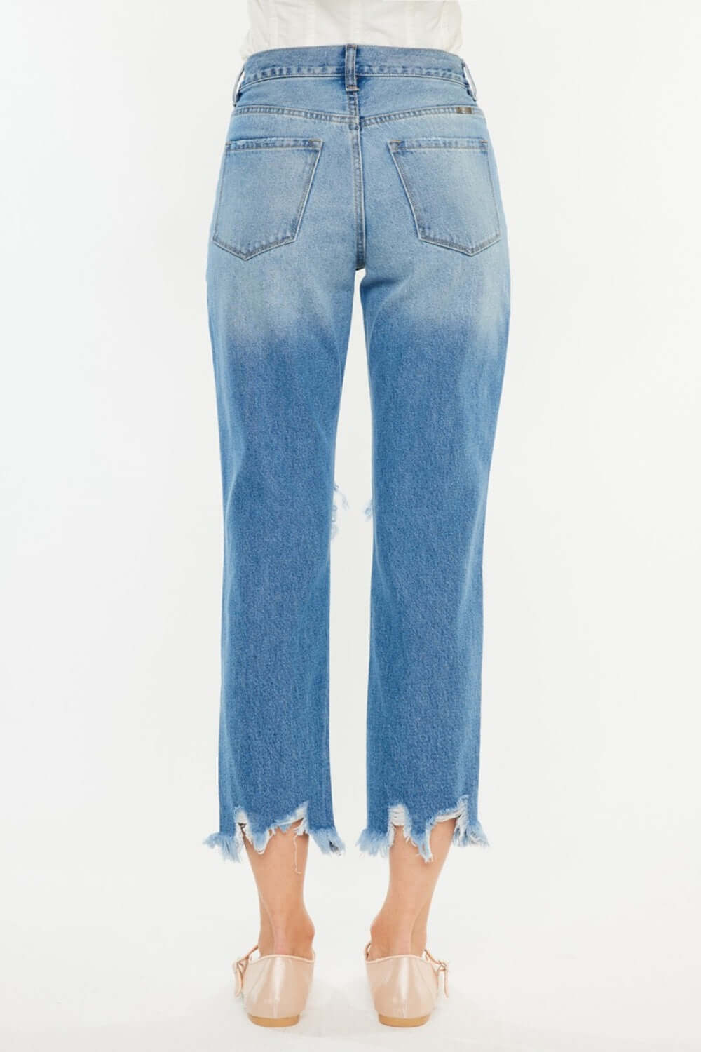 Medium Blue Distressed Frayed Hem Cropped Jeans, Kancan, A Moment Of Now