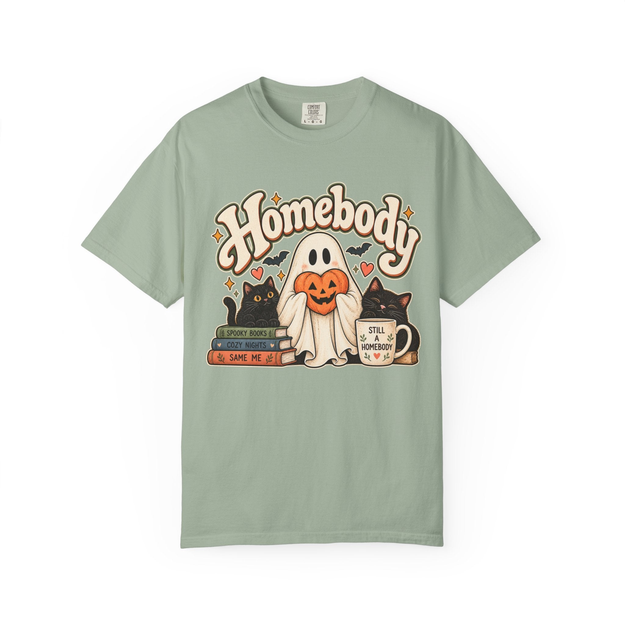 Homebody Halloween T-Shirt — Ghost, Cats & Pumpkin Comfort Colors® Tee