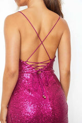 Fuchsia Sequin Cowl Front Bodycon Party Dress