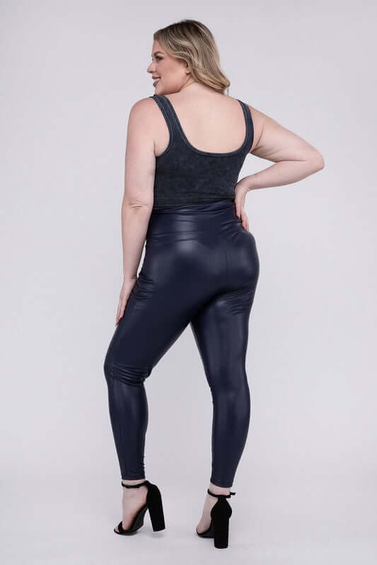 Women's Black Plus Size High Rise Faux Leather Leggings Pants, ZENANA, $ 41.95