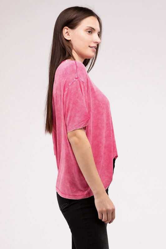 Washed Ribbed Cuffed Short Sleeve Round Neck Top, ZENANA, $ 32.95