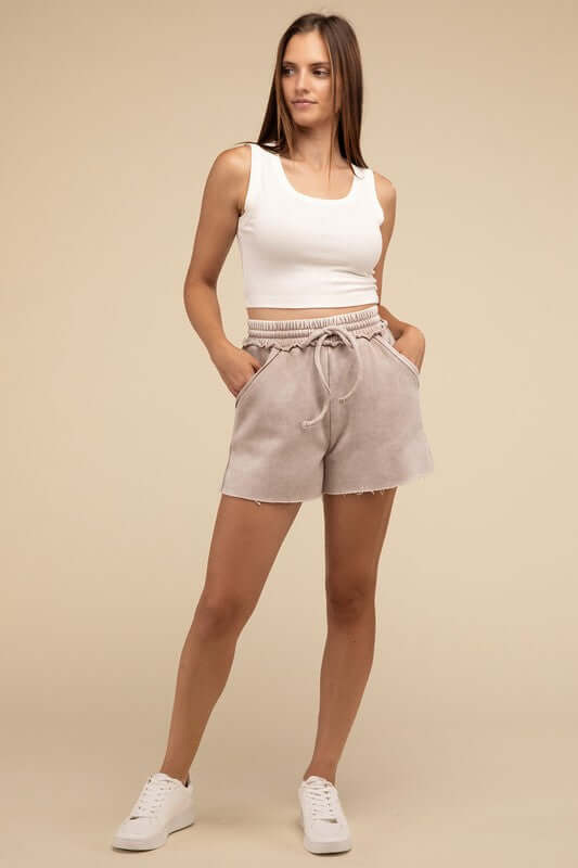 Acid Wash Fleece Drawstring Shorts with Pockets, ZENANA, A Moment Of Now