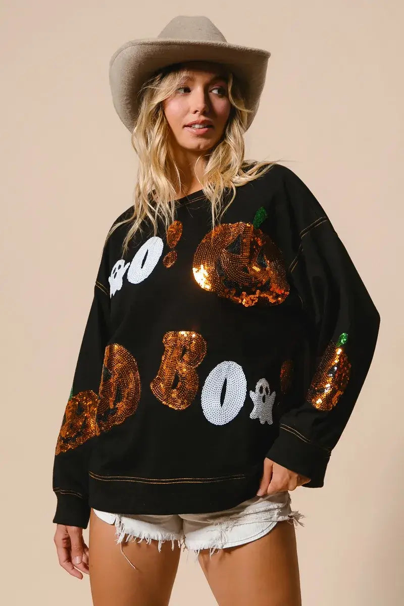 Black Halloween Sequin Embroidery Sweatshirt, Sweatshirts, $ 62.00, A Moment Of Now™