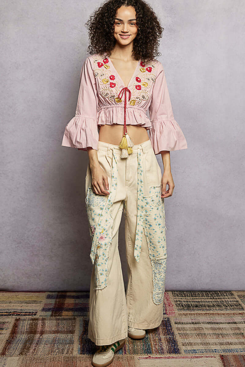 Boho Pink Floral Embroidered Cropped Blouse with Ruffle Sleeves , Blouses, $ 49.00, A Moment Of Now™