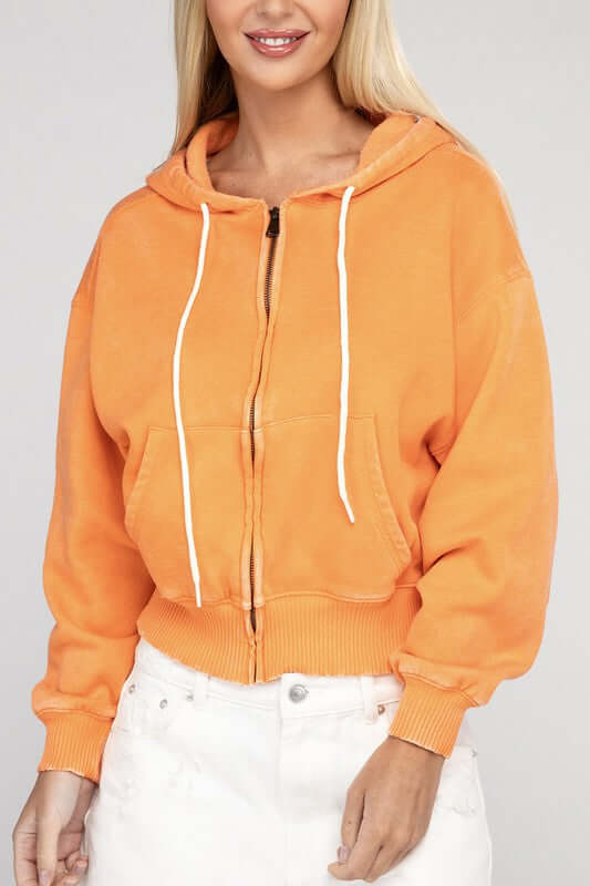 Acid Wash Fleece Cropped Zip-Up Hoodie, ZENANA, $ 49.95