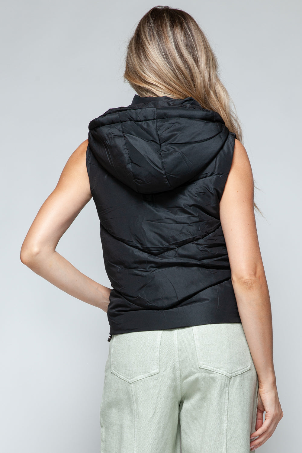 Black Zip Up Quilted Hooded Vest Jacket