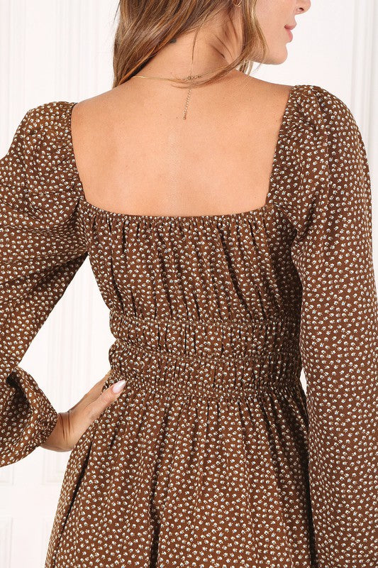 Shop Women's Brown Floral Square Neck Vintage Puff Dress | Boutique Online, Dresses, USA Boutique