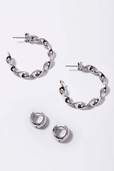 Twisted Hoop & Bold Earring Set - Silver