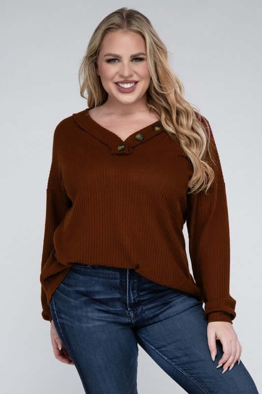 Plus Brushed Waffle V-Neck Button Detail Sweater, ZENANA, $ 28.00