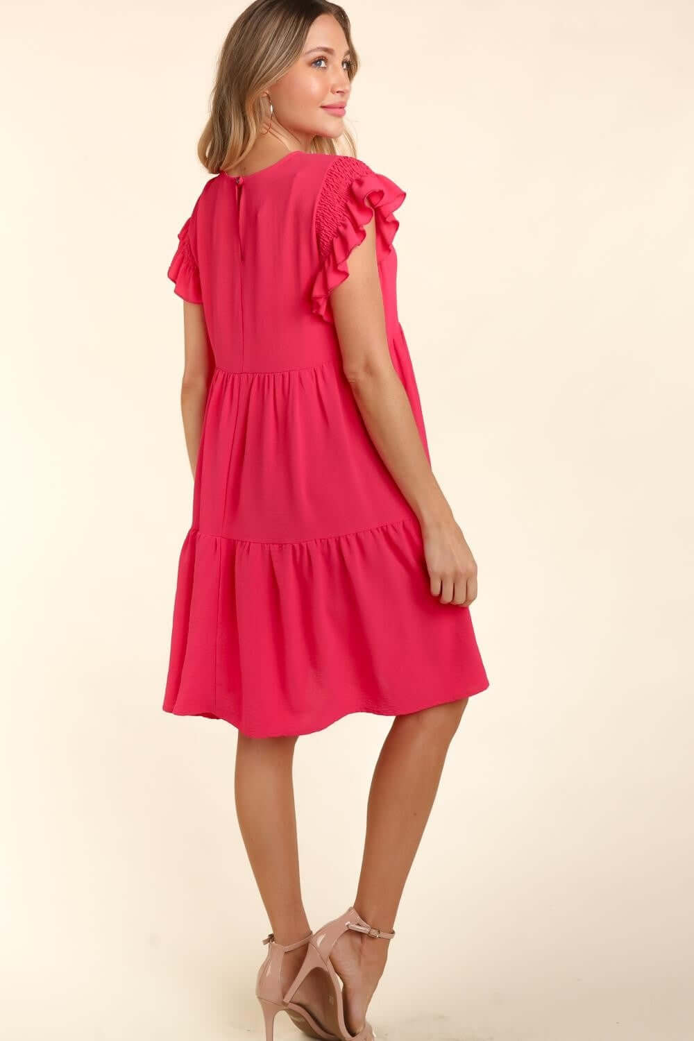 Fuchsia Smocking Ruffle Short Sleeve Dress with Pockets, Haptics, A Moment Of Now