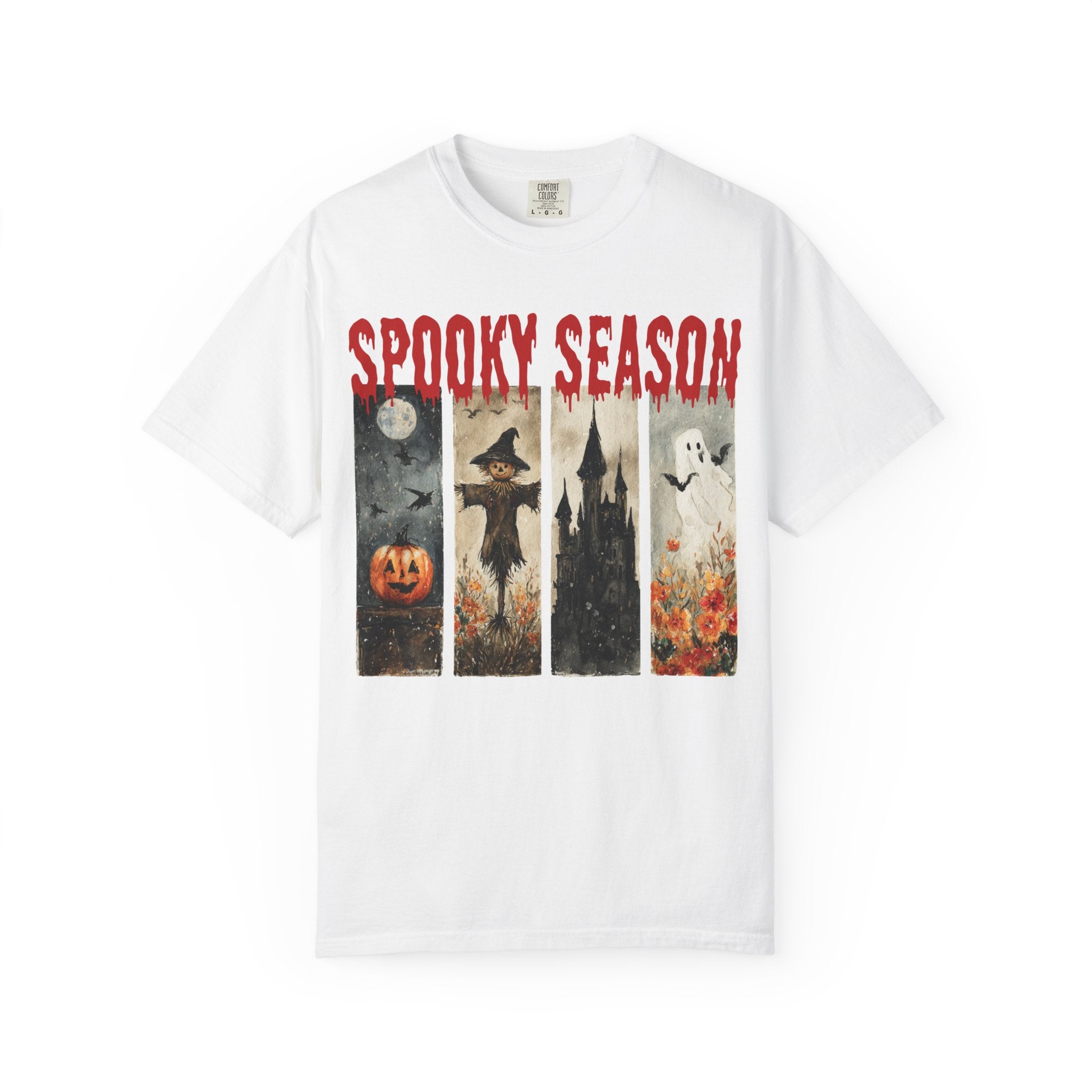 Spooky Season Halloween T-shirt with vintage pumpkin, scarecrow and ghost graphic