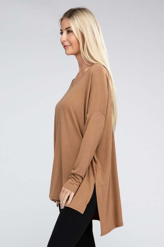 Dolman Long Sleeve V-Neck Side Slit Hi-Low Hem Top, ZENANA, $ 19.00