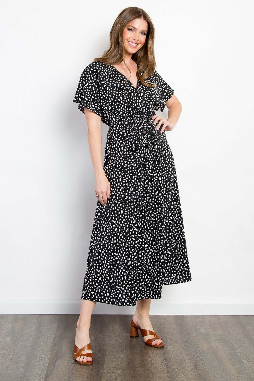 Black Printed Smocked Waist Midi Dress, Be Stage, A Moment Of Now