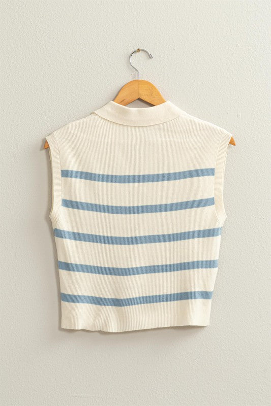 Sleeveless Striped Pullover Polo Vest Crop Top