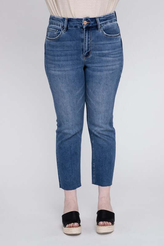 Plus Size Medium Stone Wash High Rise Slim Straight Jeans