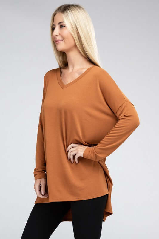 Dolman Long Sleeve V-Neck Side Slit Hi-Low Hem Top, ZENANA, $ 19.00