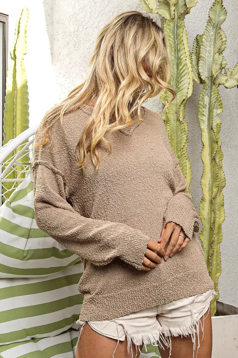 Latte Raw Edged Popcorn Texture V-neck Sweater, Sweaters, $ 49.00, A Moment Of Now™