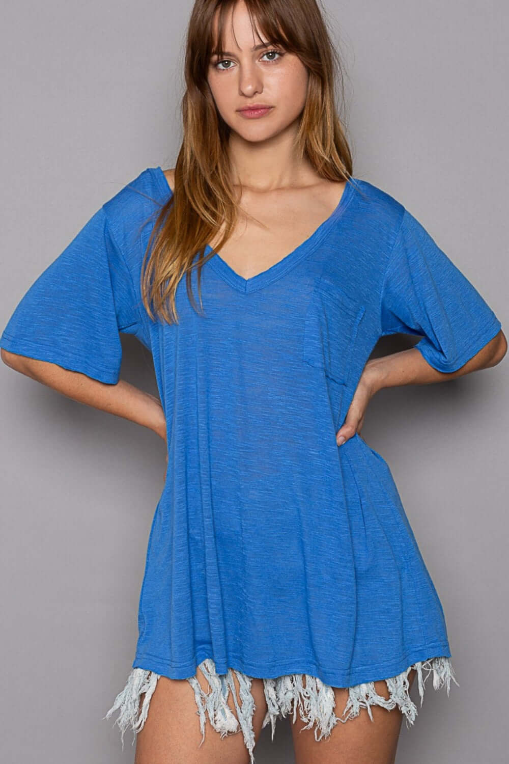 Ultramarine Blue V-Neck Short Sleeve T-Shirt, POL, $ 39.00