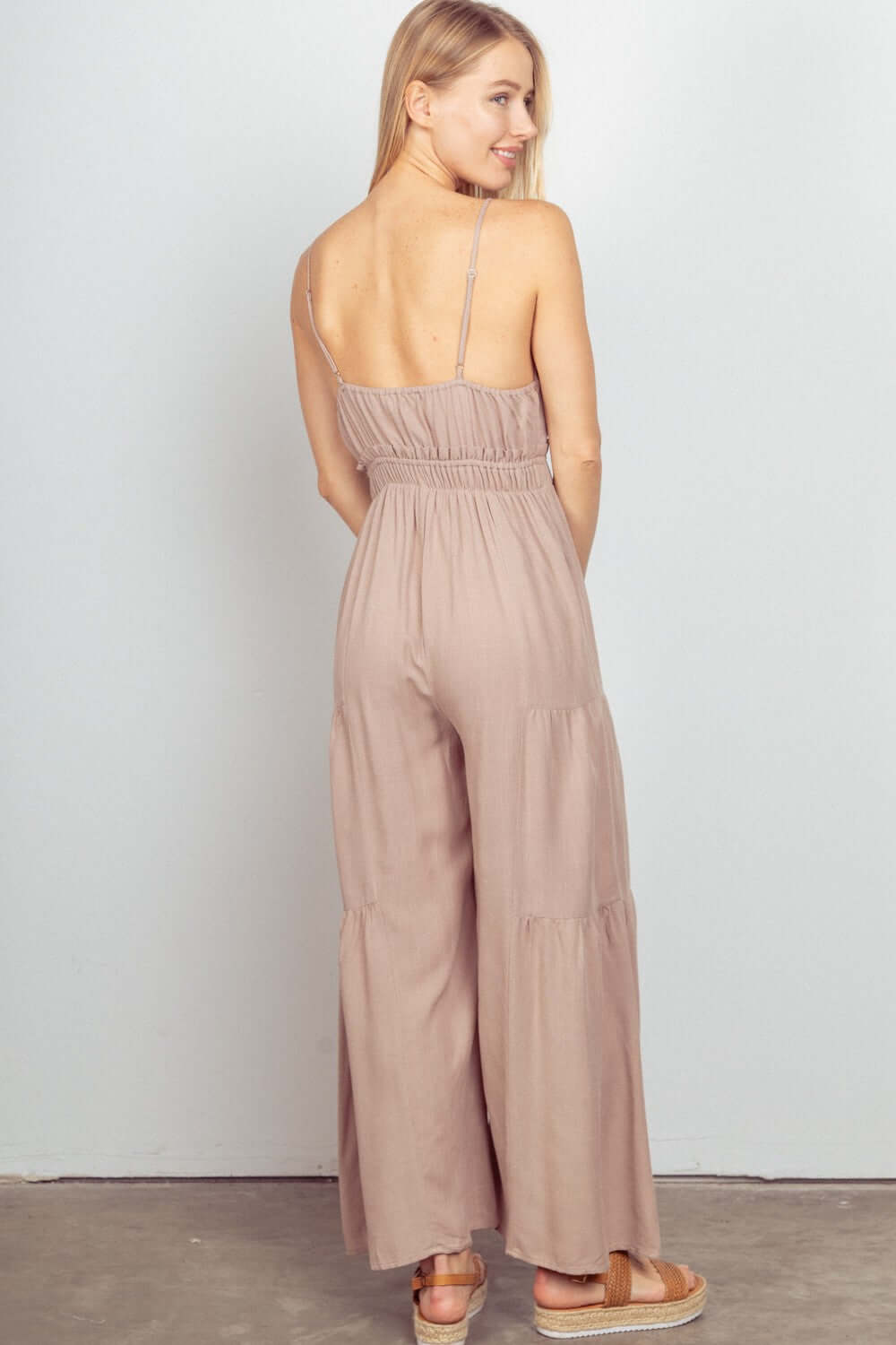 Beige Sleeveless Ruched Wide Leg Jumpsuit, VERY J, A Moment Of Now