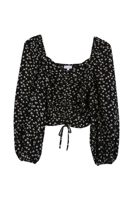 Black Ruched Floral Print Crop Top with Puff Sleeves, Lilou, $ 33.95