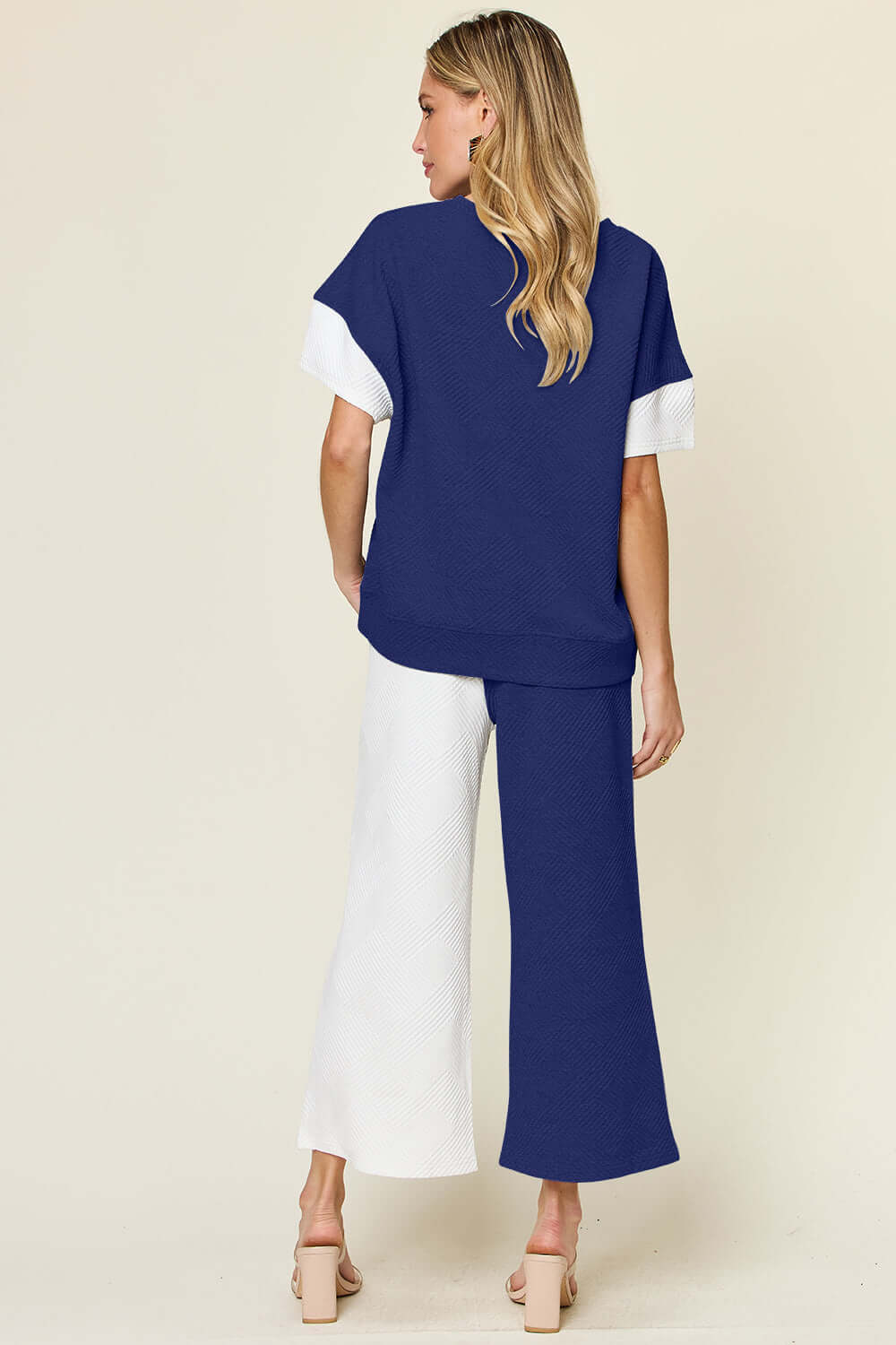 Short Sleeve Contrast T-Shirt and Wide Leg Pants Set, Double Take, A Moment Of Now