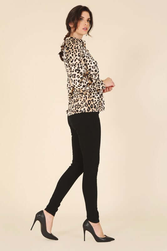 Brown Satin Leopard Long Sleeve Collared Blouse Shirt, Lilou, A Moment Of Now