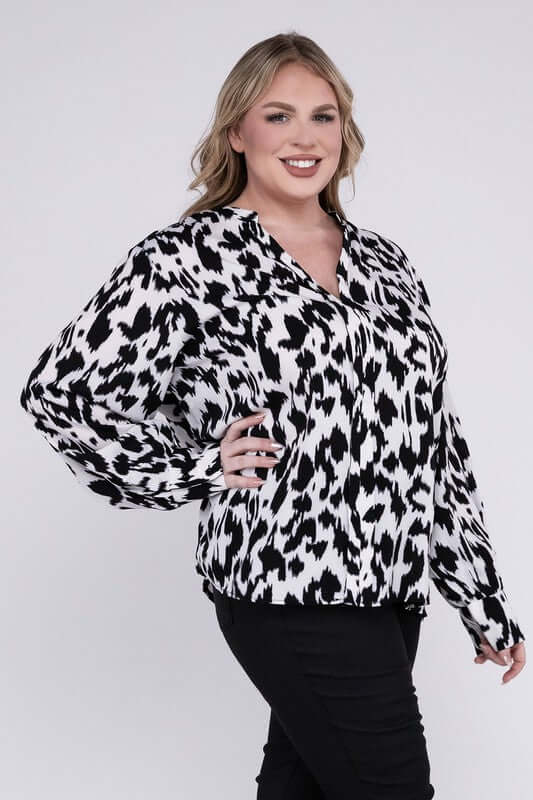 Plus Size Black & White Leopard Notched Neckline Blouse, Nuvi Apparel, $ 35.95