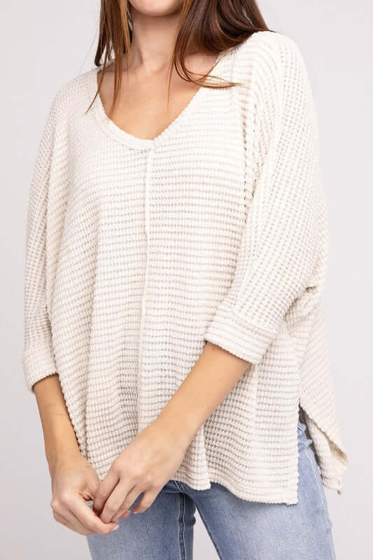 3/4 Sleeve V-Neck Hi-Low Hem Jacquard Sweater, ZENANA, $ 24.95