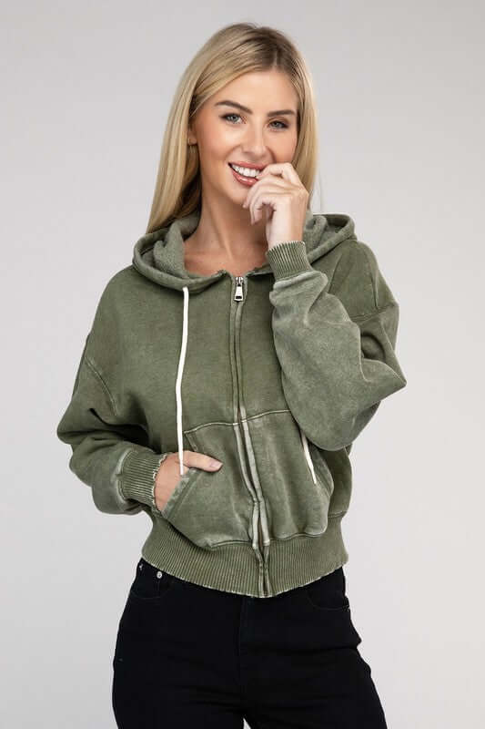 Acid Wash Fleece Cropped Zip-Up Hoodie, ZENANA, $ 49.95