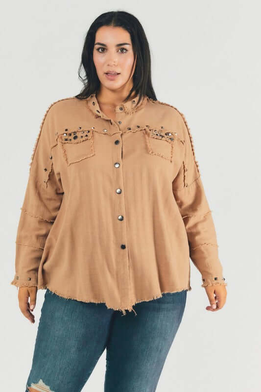 Plus Distressed hem button down oversize shirt, Davi & Dani, $ 69.00