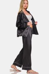 Black Satin Long Sleeve Shirt and Pants Pajama Set