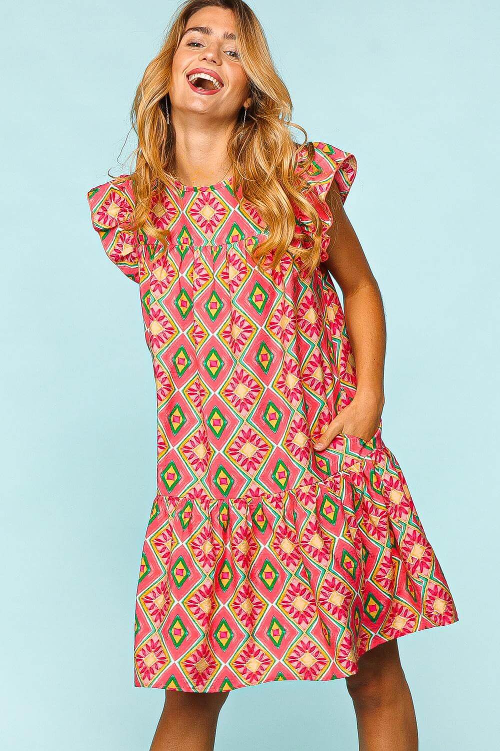 Boho Coral Summer Ruffled Printed Mini Dress with Side Pockets, Haptics, $ 64.00