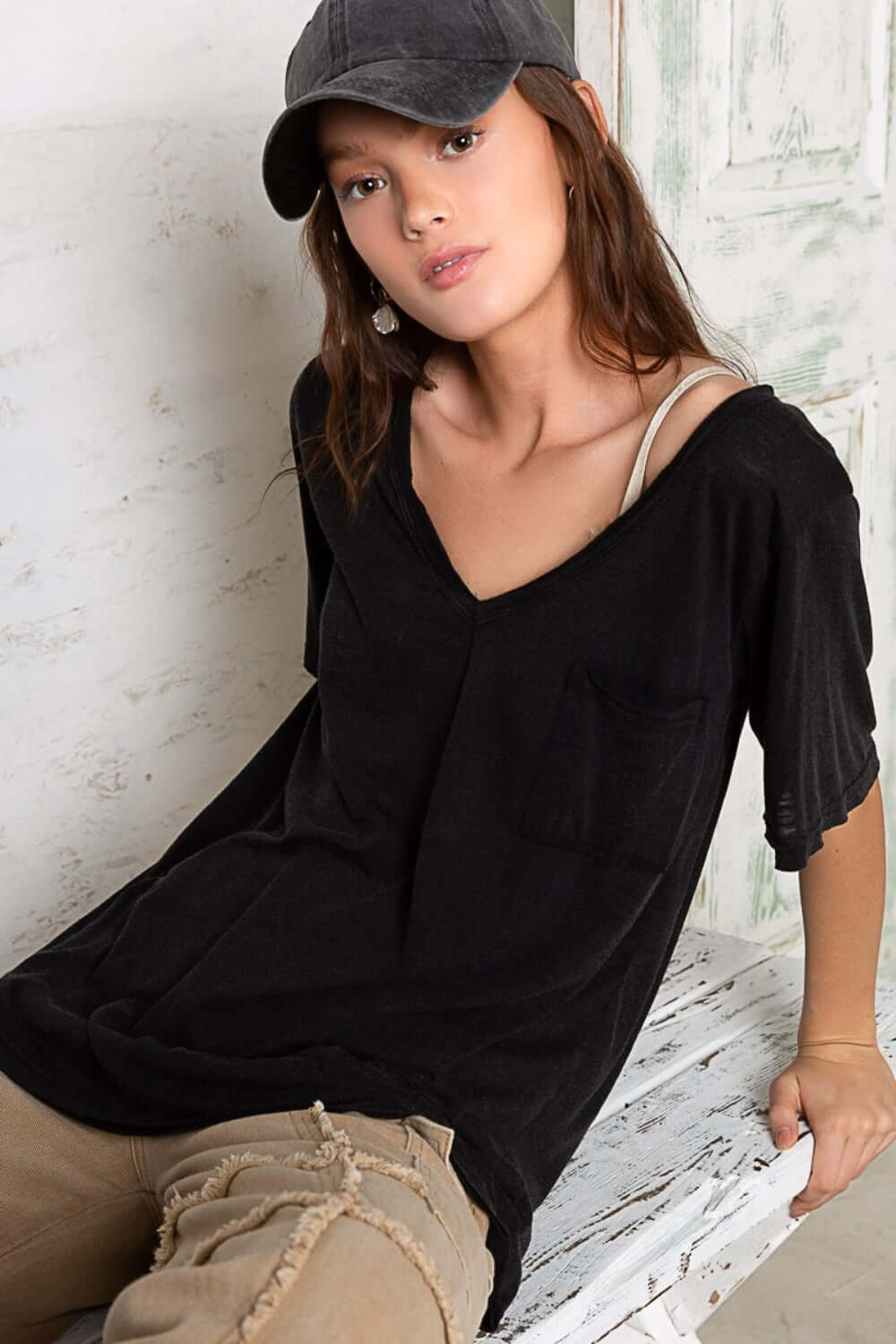 Black V-Neck Short Sleeve T-Shirt, POL, $ 35.00