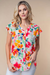 Colorful Plus Size Short Sleeve Floral Woven Top, White Birch, A Moment Of Now