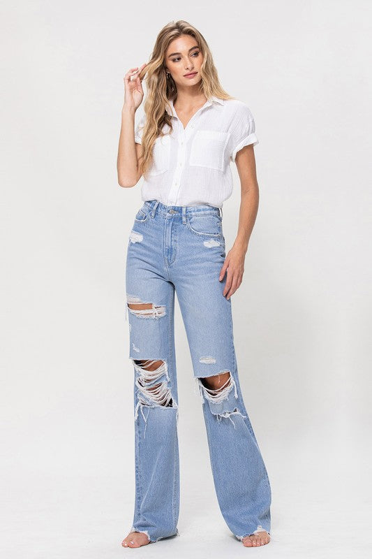 90s Vintage Light Denim Distressed Flare Jeans