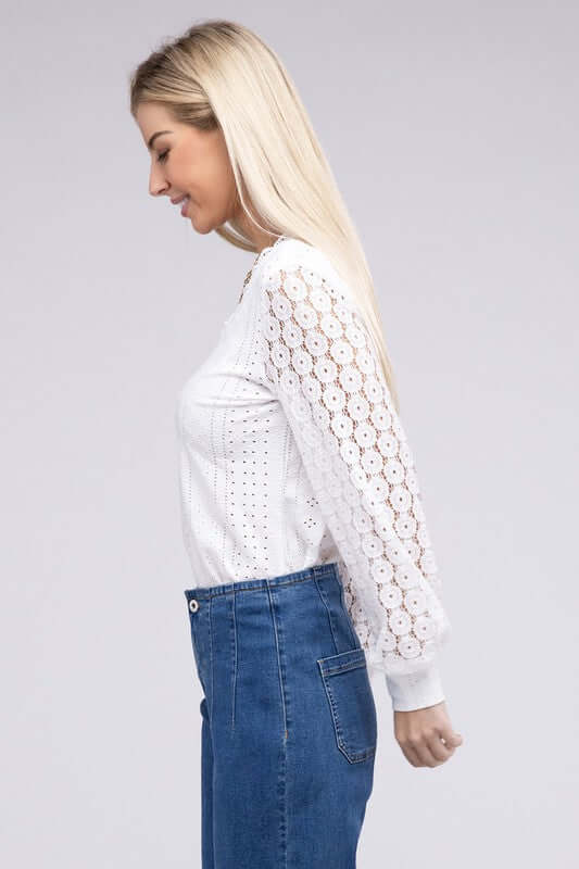 White V Neck Lace Trim Long Sleeve Top, Nuvi Apparel, $ 32.95