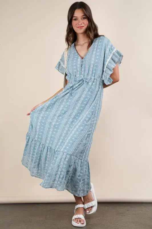 Blue Embroidered Boho Ruffled Midi Dress - Effortless Style, Dresses, $ 55.00, A Moment Of Now™